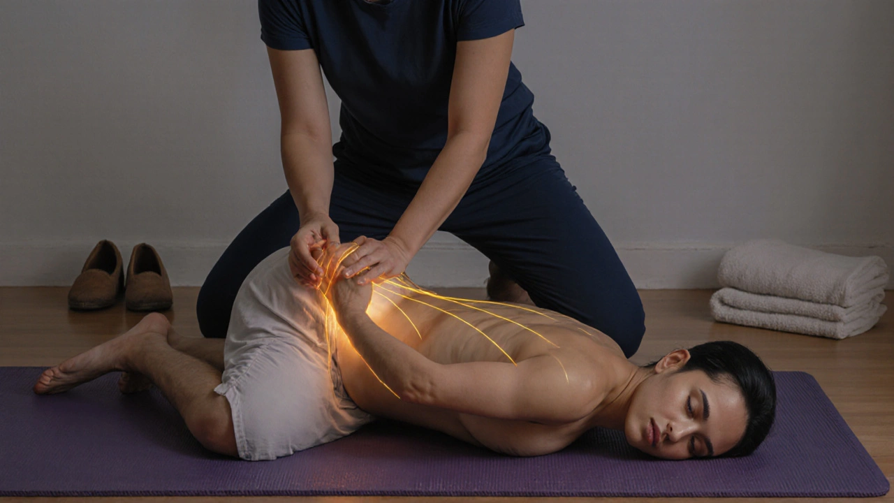 Thai massage therapist gently stretching a client&#039;s leg into a yoga-like pose on a simple floor mat.