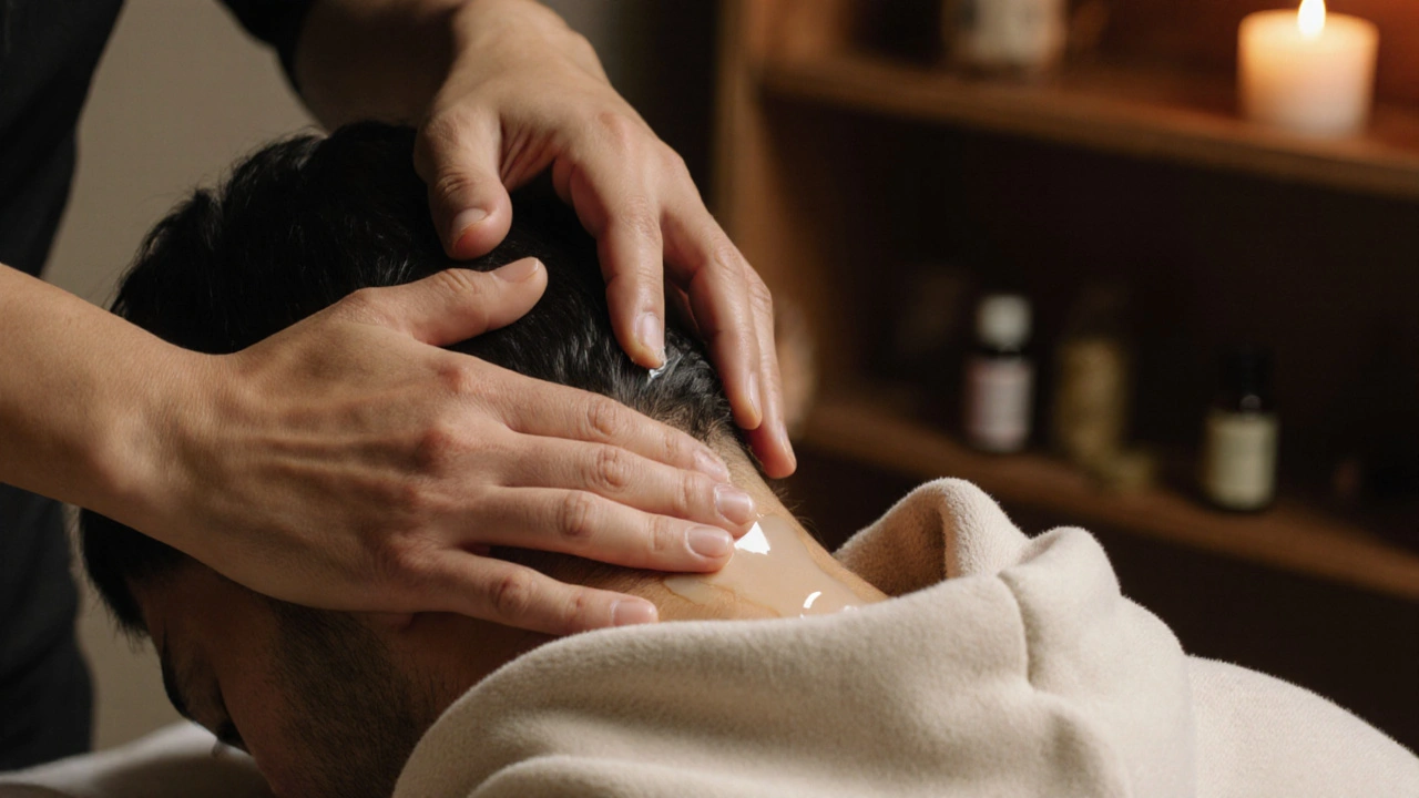 Therapist&#039;s hands applying gentle pressure through fabric on a client&#039;s neck and shoulders during a head massage.