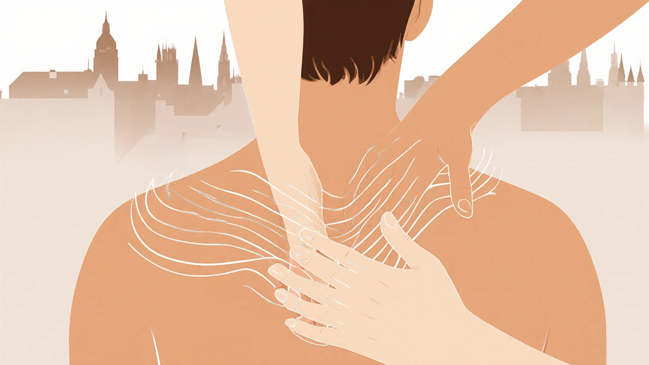 Therapist&#039;s hands performing gentle strokes on a back during a full-body massage.