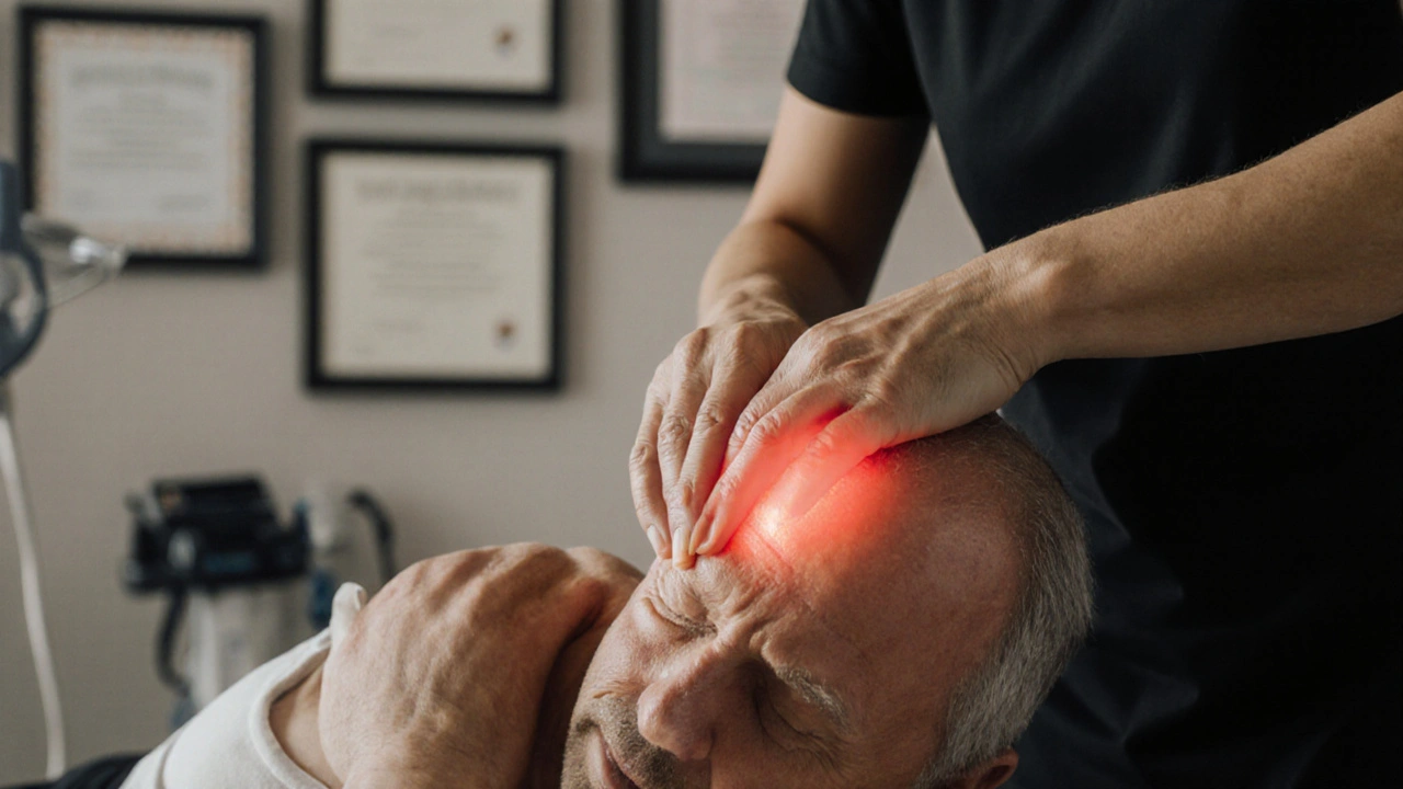 Therapist&#039;s hands working on a shoulder trigger point with visible muscle release and patient&#039;s relaxed expression.