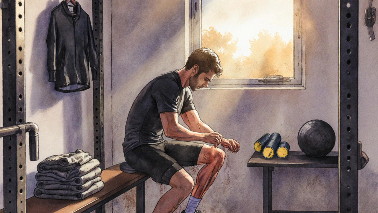 Therapist applying deep tissue massage to a cyclist&#039;s leg muscles in a home gym.