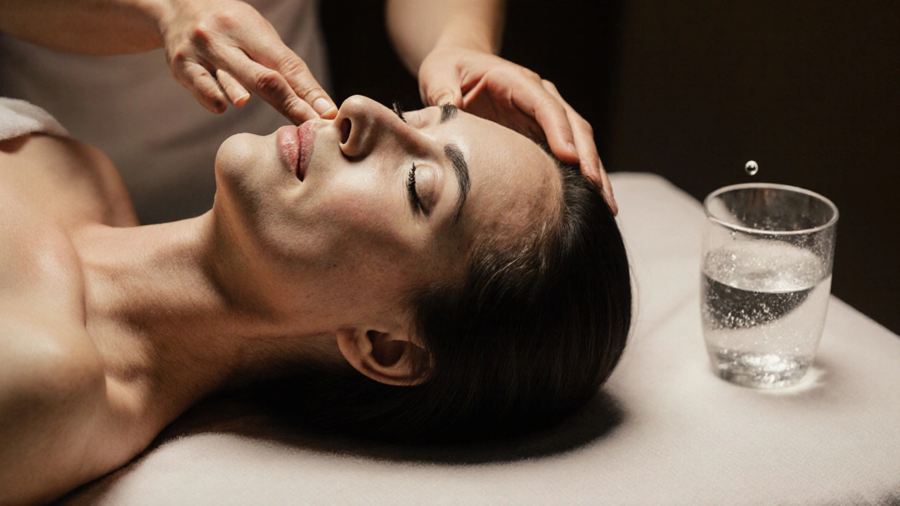 Therapist performing gentle facial lymphatic massage on a reclining client.