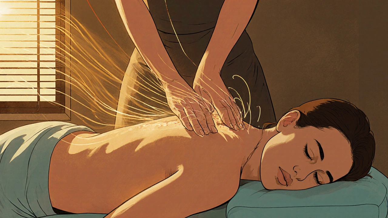 Therapist using light tapping motions on a client&#039;s spine to stimulate alertness.