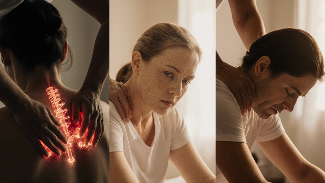 Three patients receiving different massage therapies for chronic pain in a soothing clinical environment.