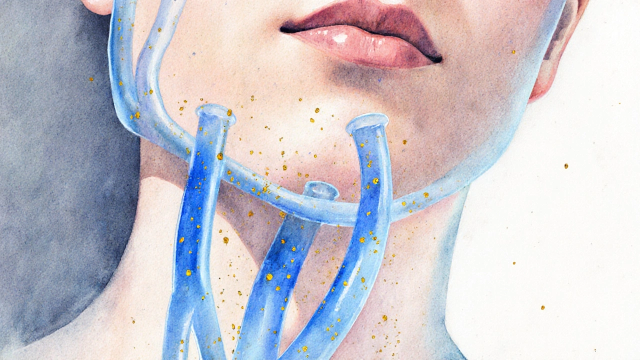 Translucent blue lymphatic vessels glowing on a face, draining toxins upward.