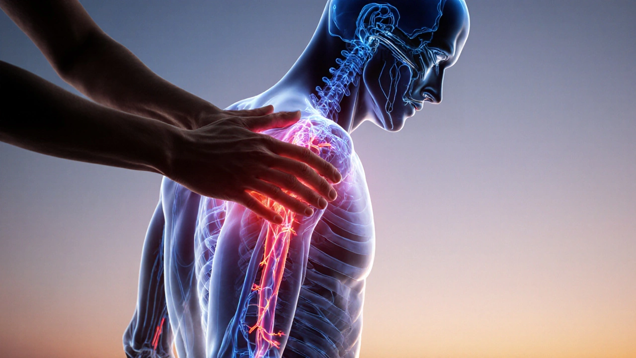 Translucent body illustration showing tension release and improved circulation pathways.