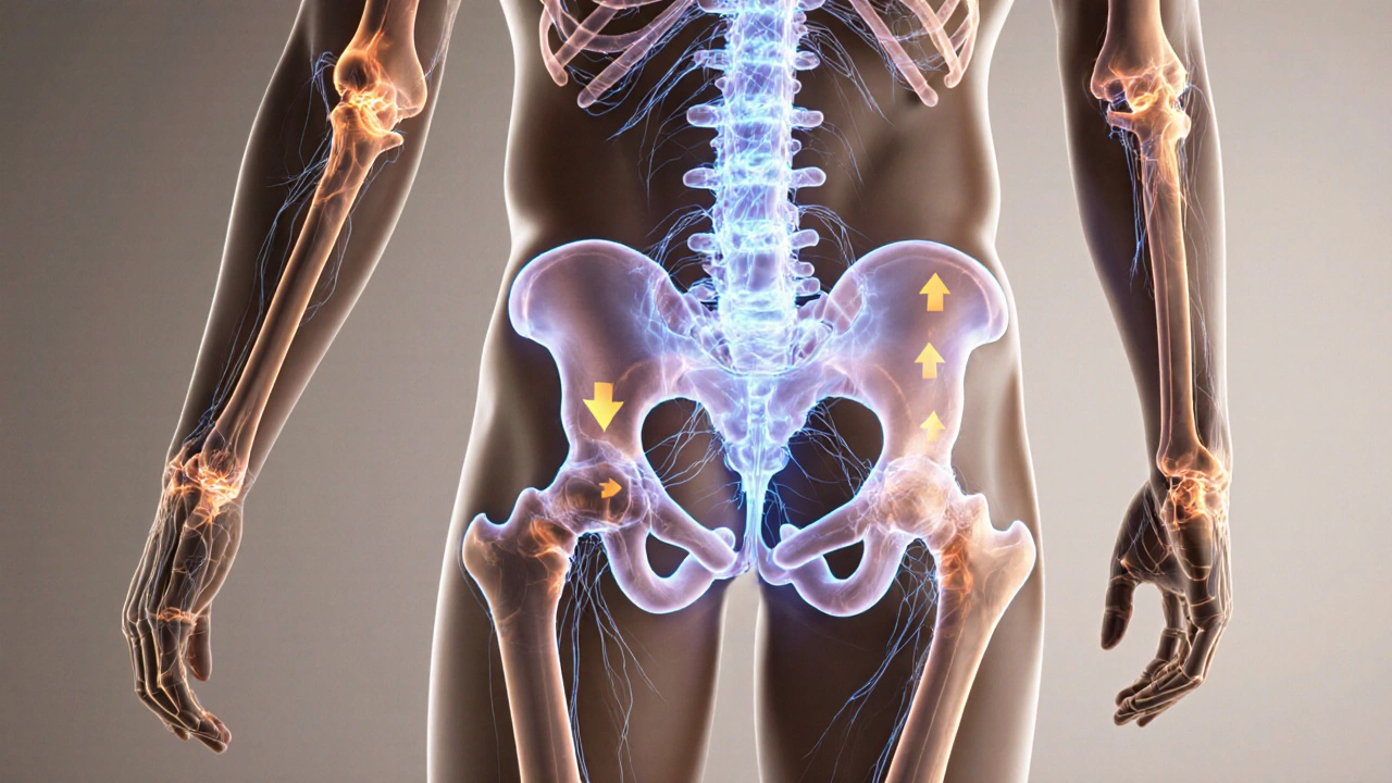 Translucent fascia network glowing with release patterns along muscles and joints.