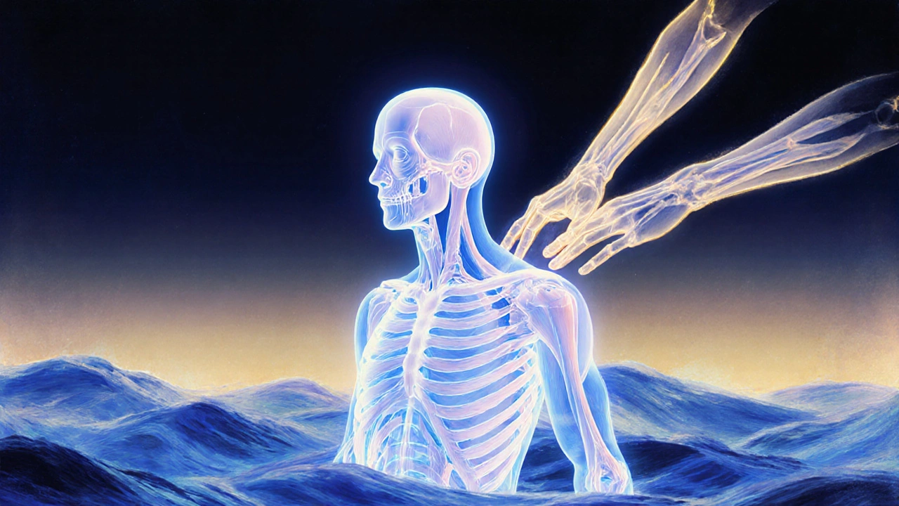 Translucent human figure with light waves releasing tension in muscles and fascia, symbolizing stress relief.