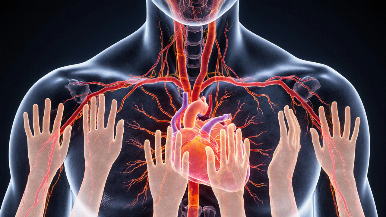 Transparent human figure with glowing blood flow patterns showing how Swedish massage strokes stimulate circulation.