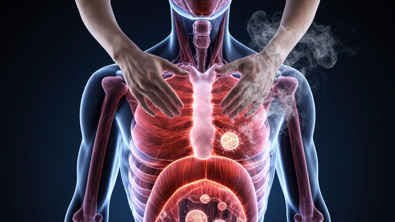 Transparent human torso showing improved blood flow and energy production during massage.