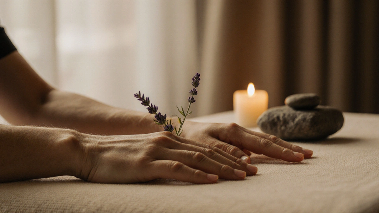 Two hands resting on a massage table, one relaxed, one releasing tension, with oil and a warm stone nearby.