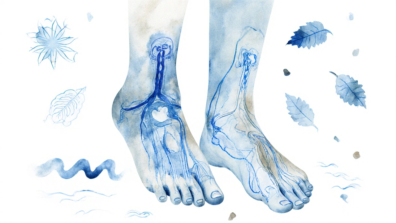 Watercolor illustration of a body map overlaid on feet with connected organs and calming elements.