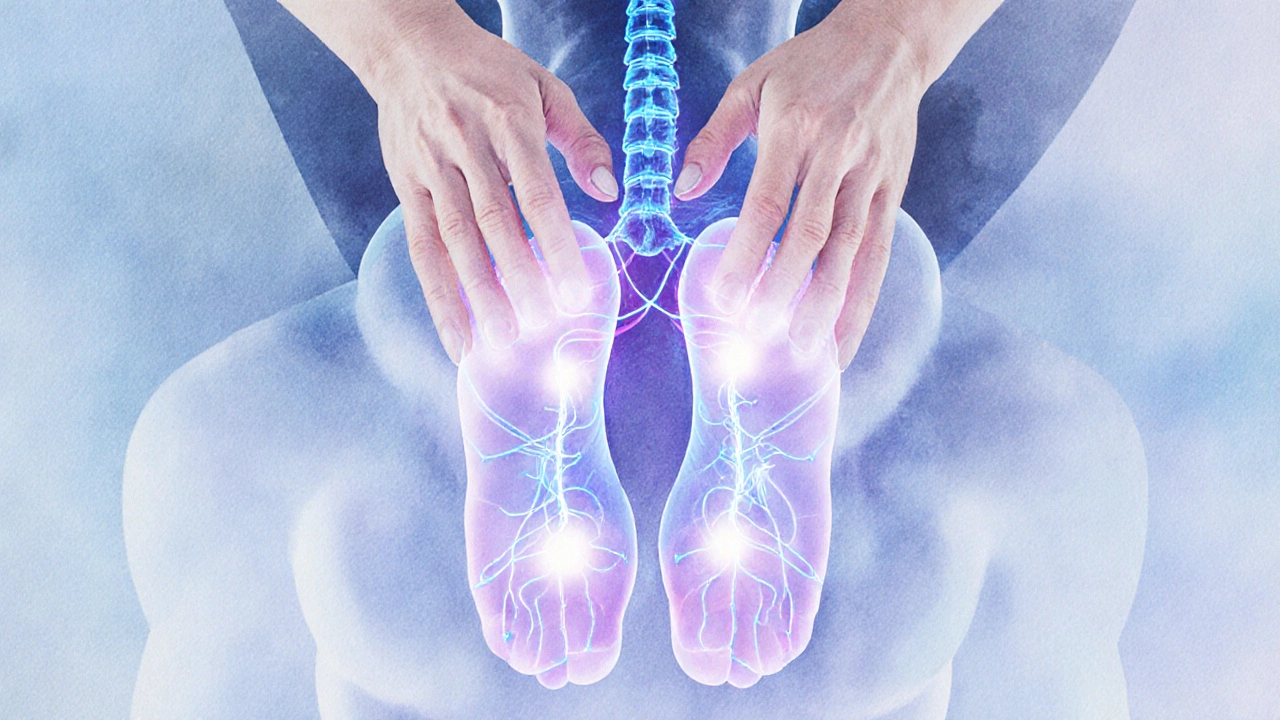 Watercolor illustration of energy pathways connecting foot reflex points to internal organs during massage.