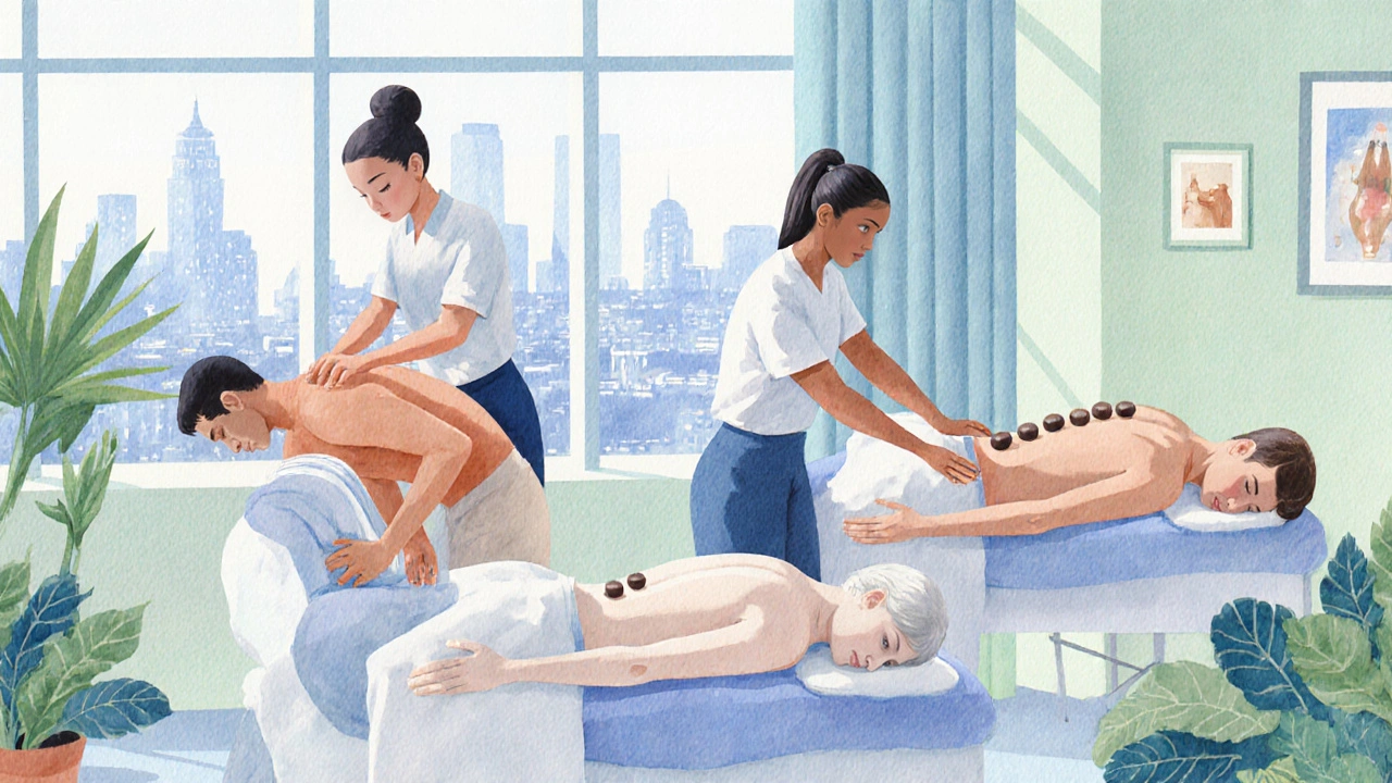 Watercolor illustration of people enjoying different types of massage in a calm, plant-filled room.