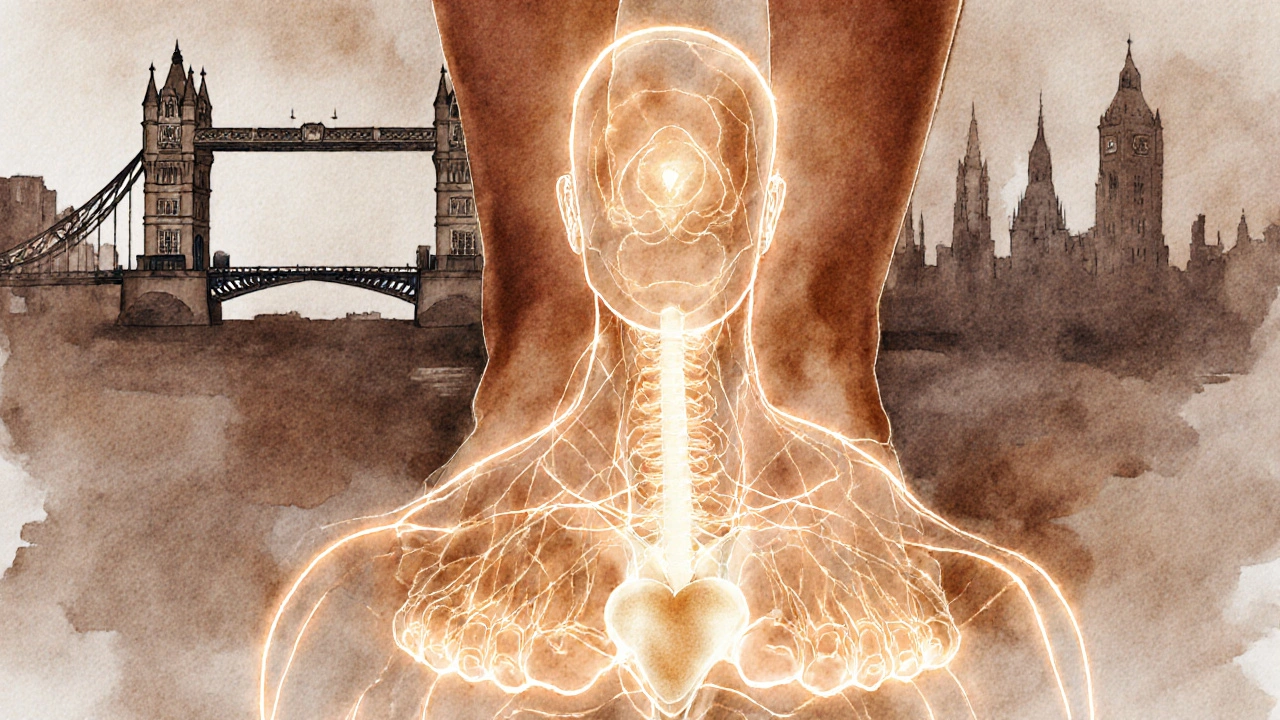 Watercolor illustration showing energy pathways from feet to vital organs, symbolizing reflexology healing.