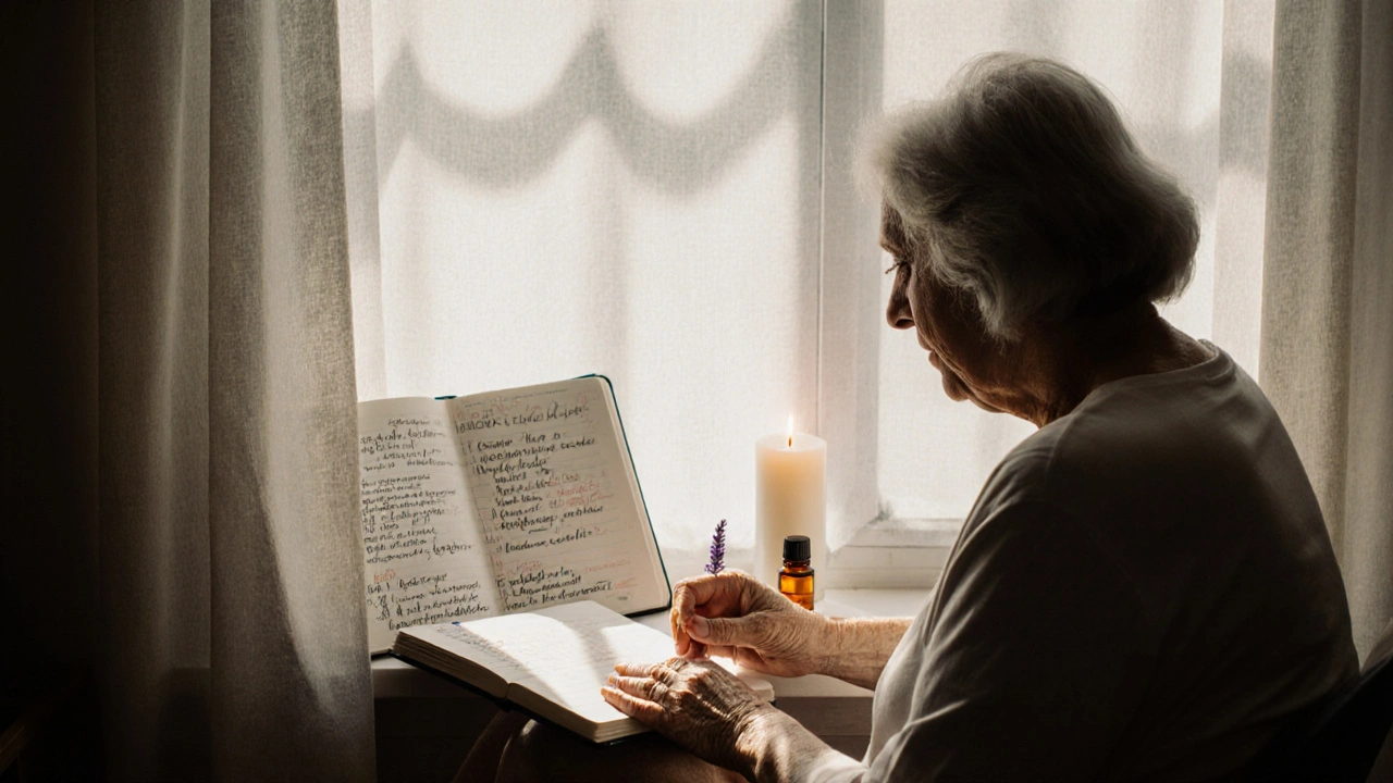Woman at home gently massaging knee with ginger oil, sunlight streaming through window.