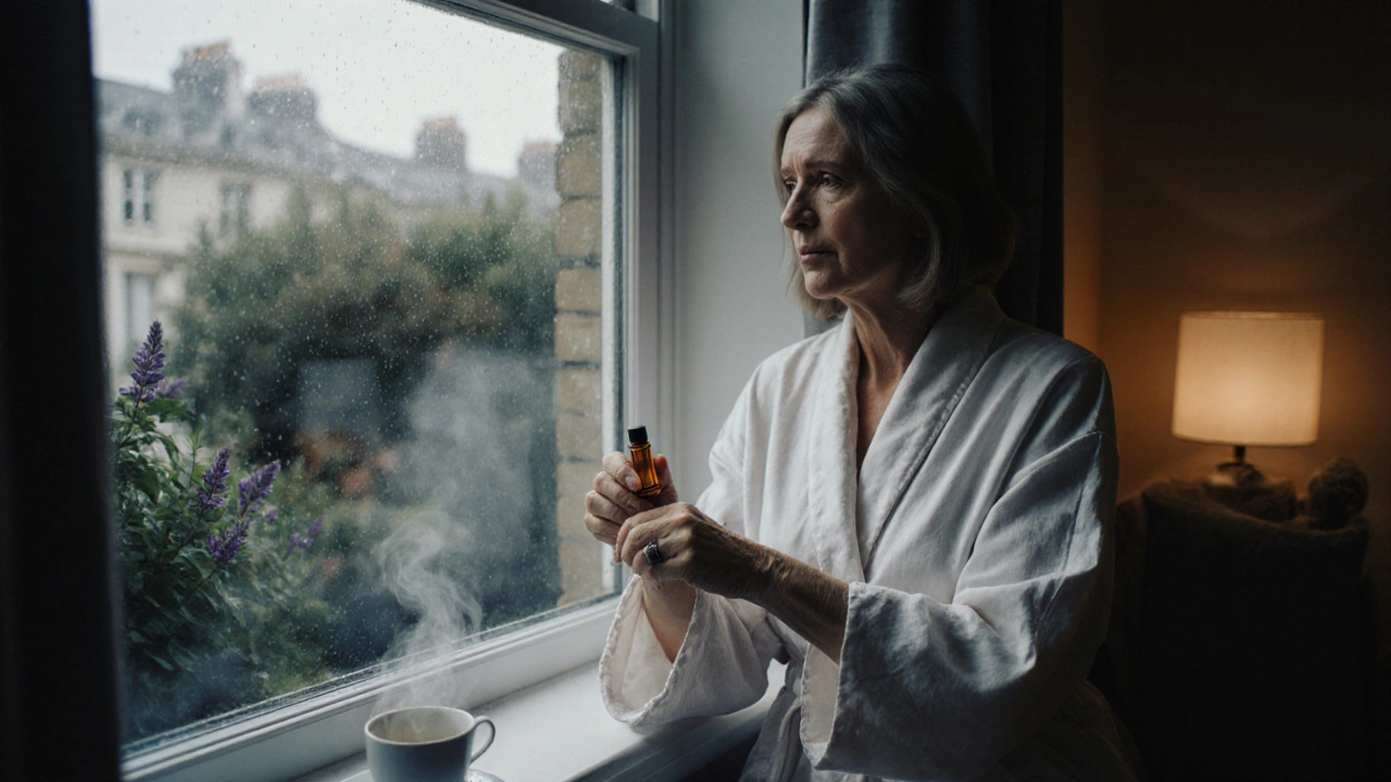 Woman gently applying lavender rollerball to her wrist after a relaxing aromatherapy session.