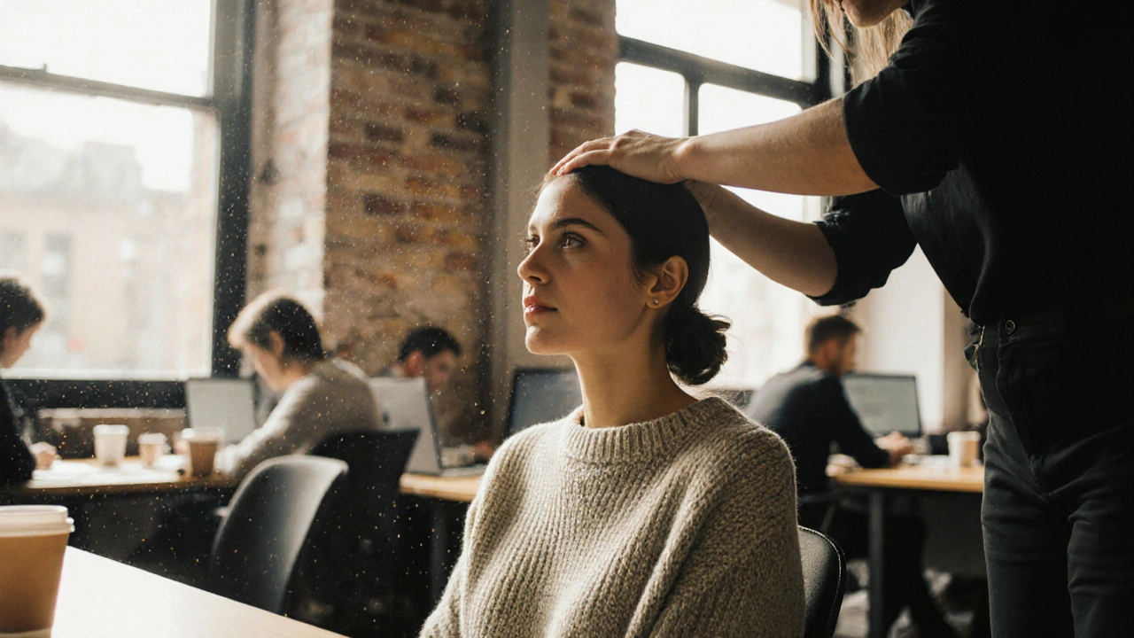 Woman receiving an Indian head massage in a quiet coworking space during lunch break, hair loosely tied.