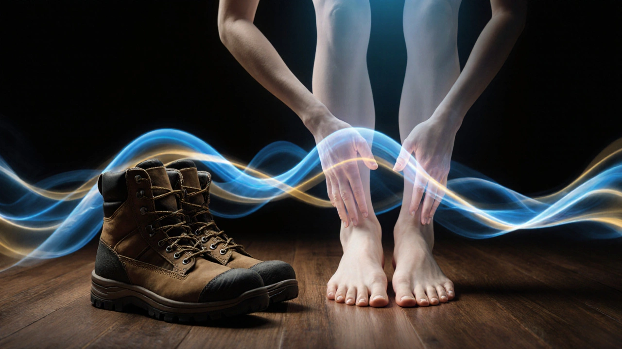 Worn boots beside bare feet with calming light radiating upward during a foot massage.