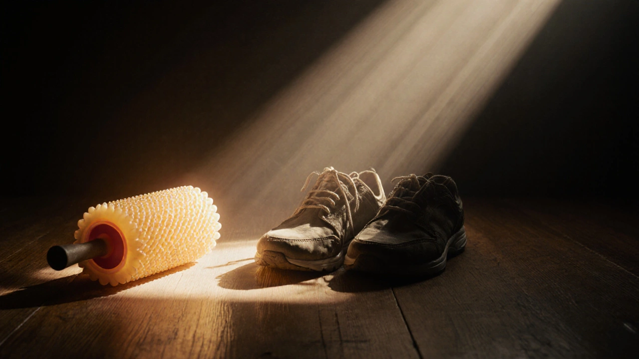 Worn shoes beside a glowing foot roller, golden light radiating upward as stress melts away.