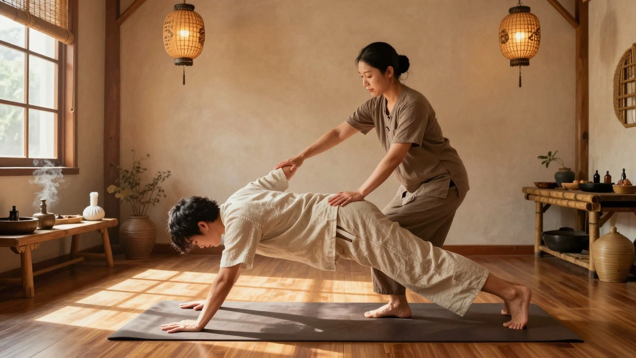 A client undergoing an authentic Thai massage in full clothing, being gently stretched by a therapist.