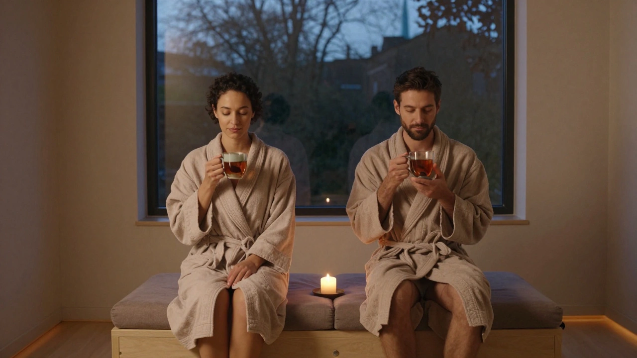 A couple wrapped in robes sipping tea after a massage, relaxed and silent in a peaceful spa setting at twilight.