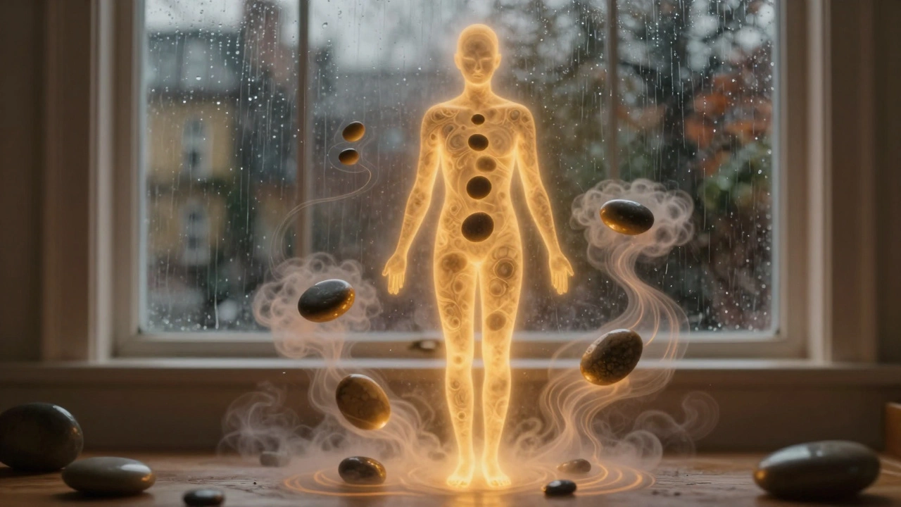 A glowing human form surrounded by floating warm stones, symbolizing deep relaxation and tension release.