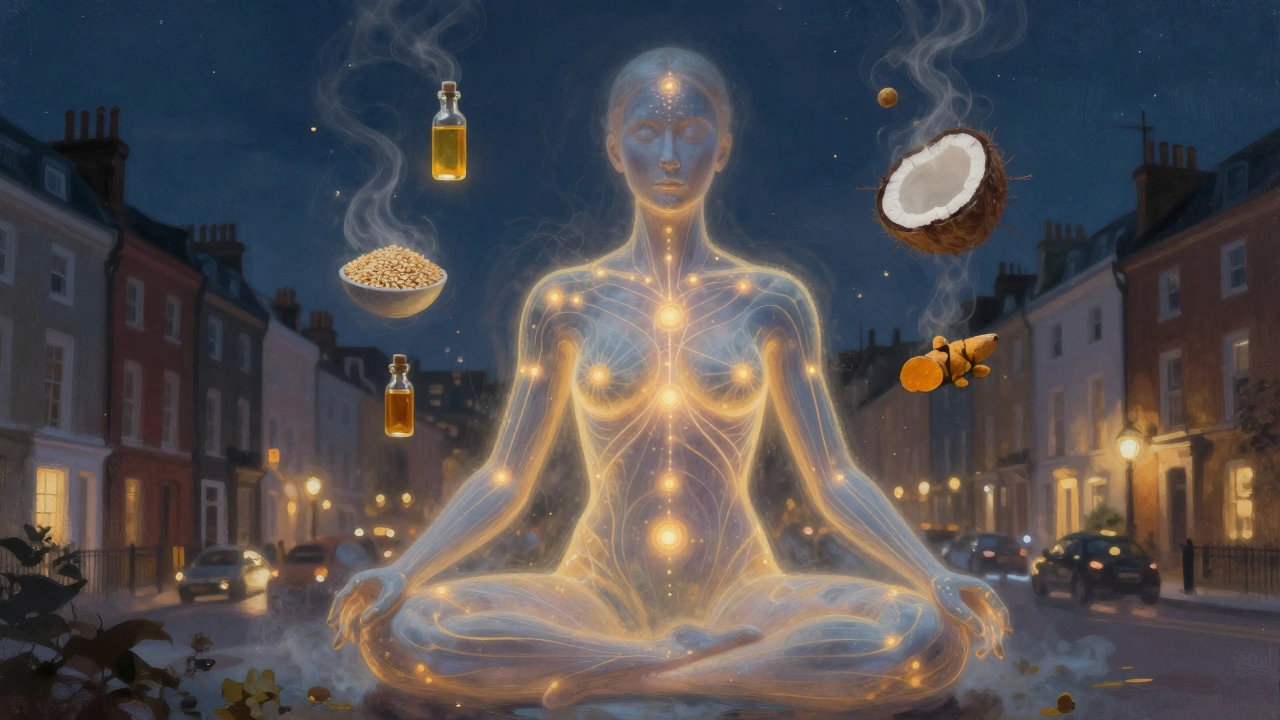 A glowing network of energy lines and marma points on a body, surrounded by floating herbal oils against a London night skyline.