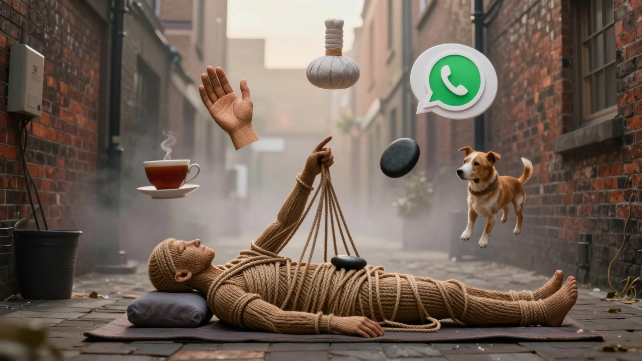 A person made of tension unraveling into calm symbols like hot stones, tea, and a WhatsApp message, surrounded by East London’s urban textures.