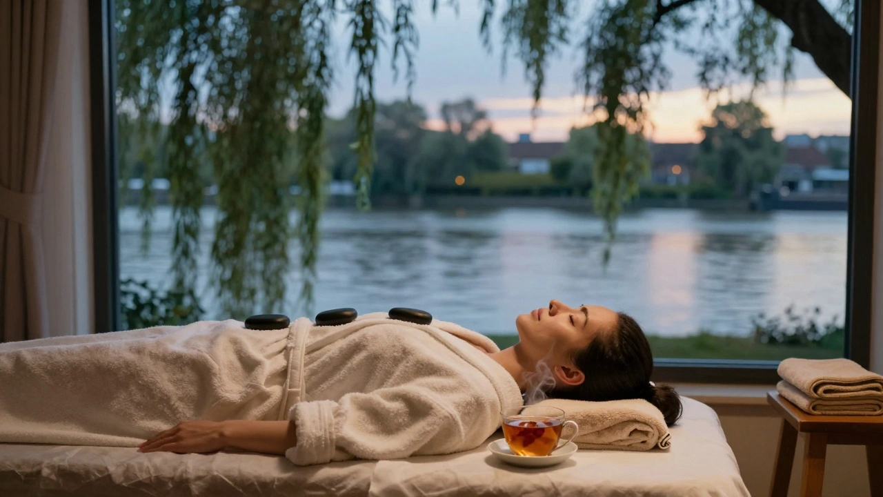 A relaxed client by the Thames after a massage, wrapped in a robe with herbal tea nearby.