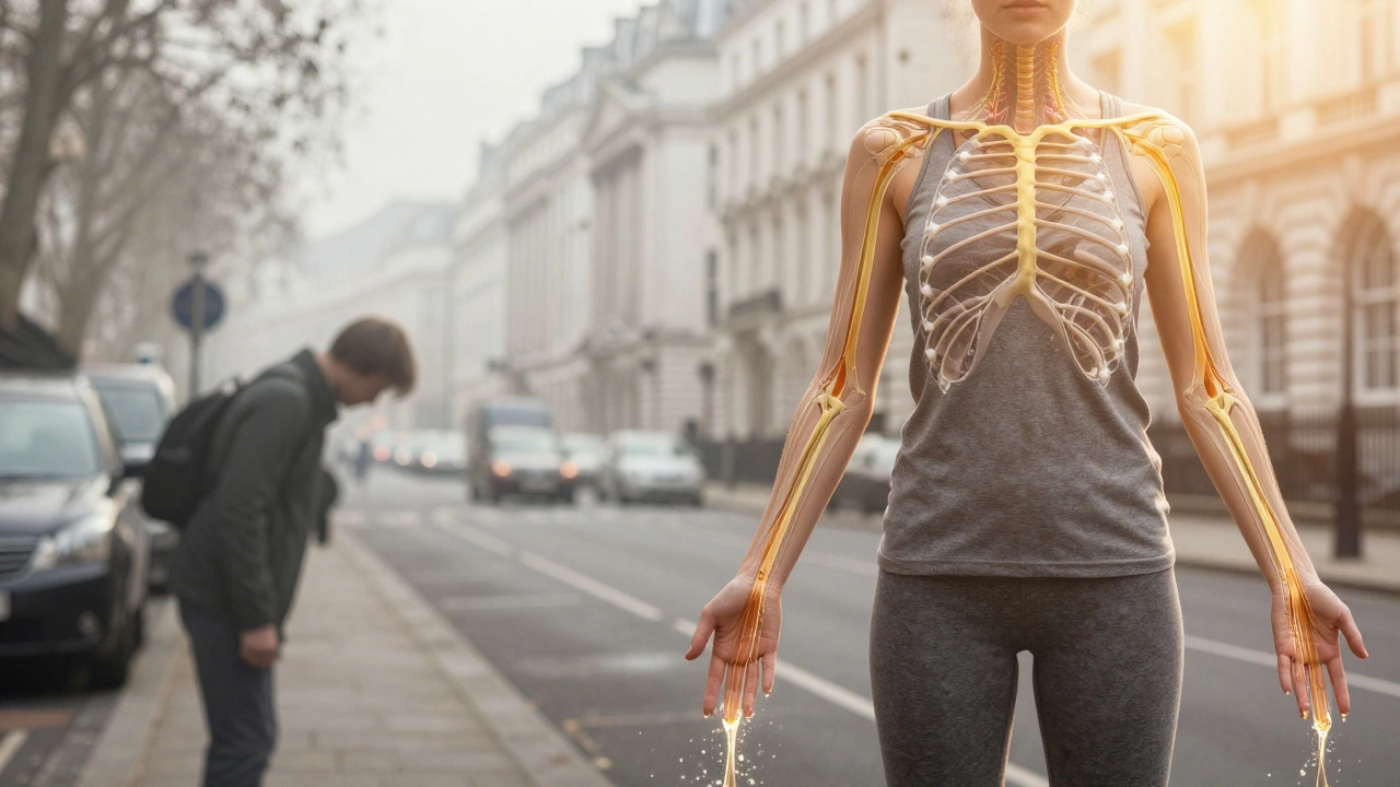 A split image showing someone transitioning from tired and foggy to energized and clear, with golden lymph flows.