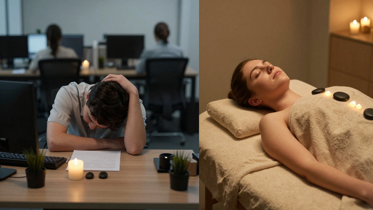 A split image showing stress in a busy office versus deep relaxation during a hot stone massage.