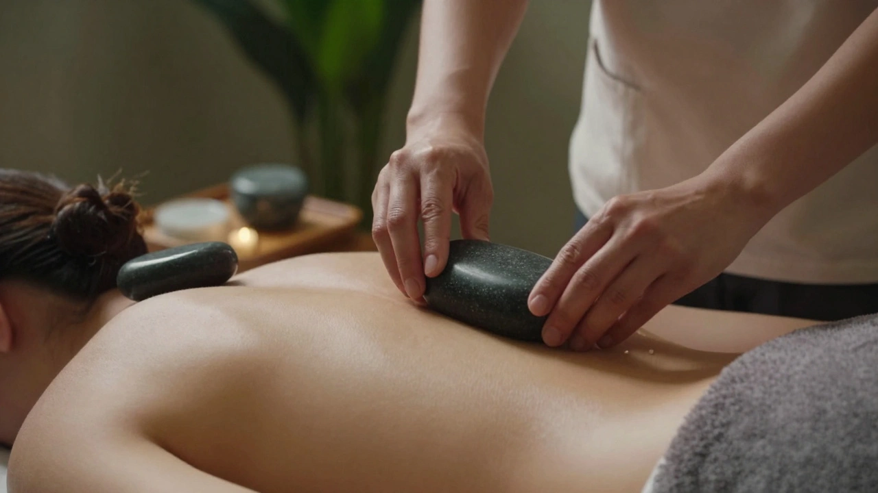 A therapist gently rolling a heated stone along a client's lower back during a hot stone massage session.