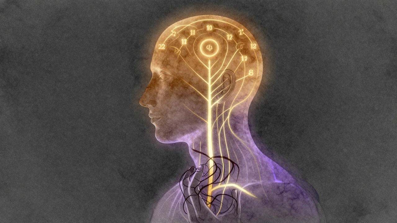 An artistic depiction of energy pathways glowing around the head and neck, symbolizing the flow of prana in Ayurvedic tradition.