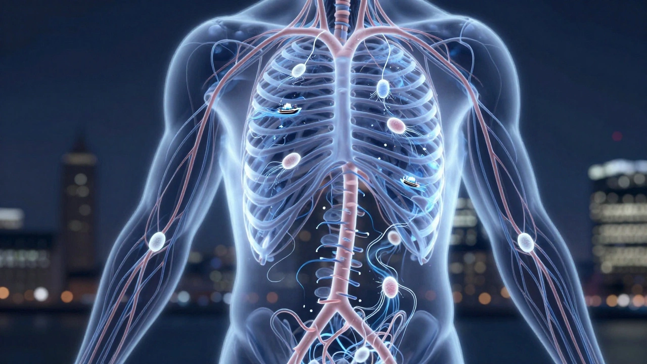 An artistic depiction of the lymphatic system glowing with immune activity, with white blood cells moving through vessels.