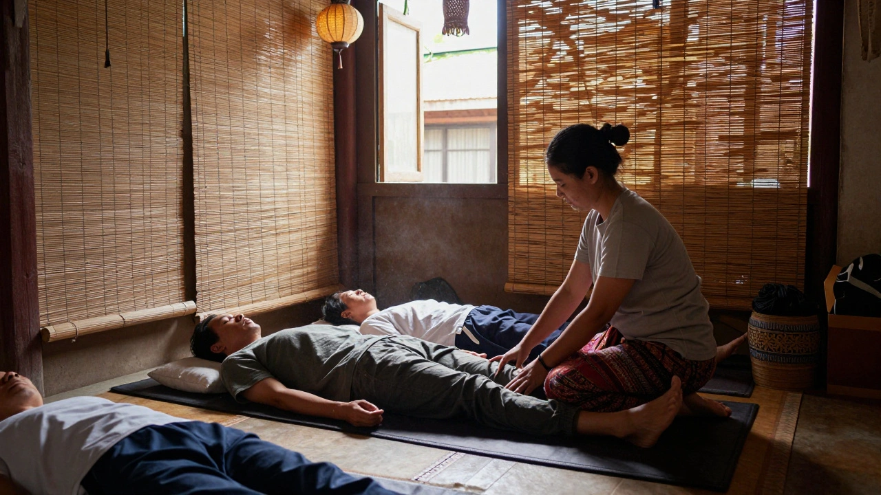 An authentic Thai massage session in Camden with therapist using feet to stretch client.