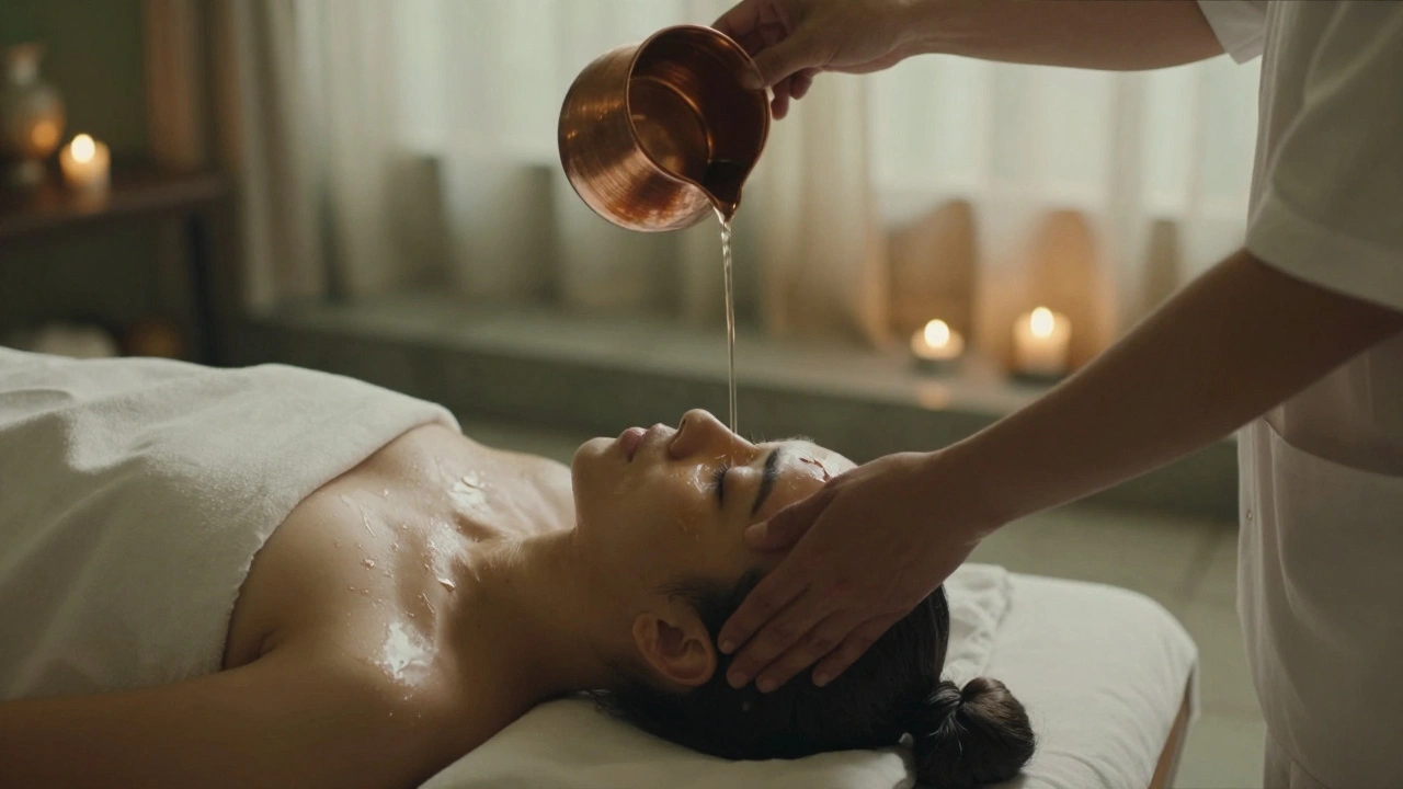 Ayurvedic Shirodhara session with warm oil flowing over forehead, client relaxed on table, candlelit room.