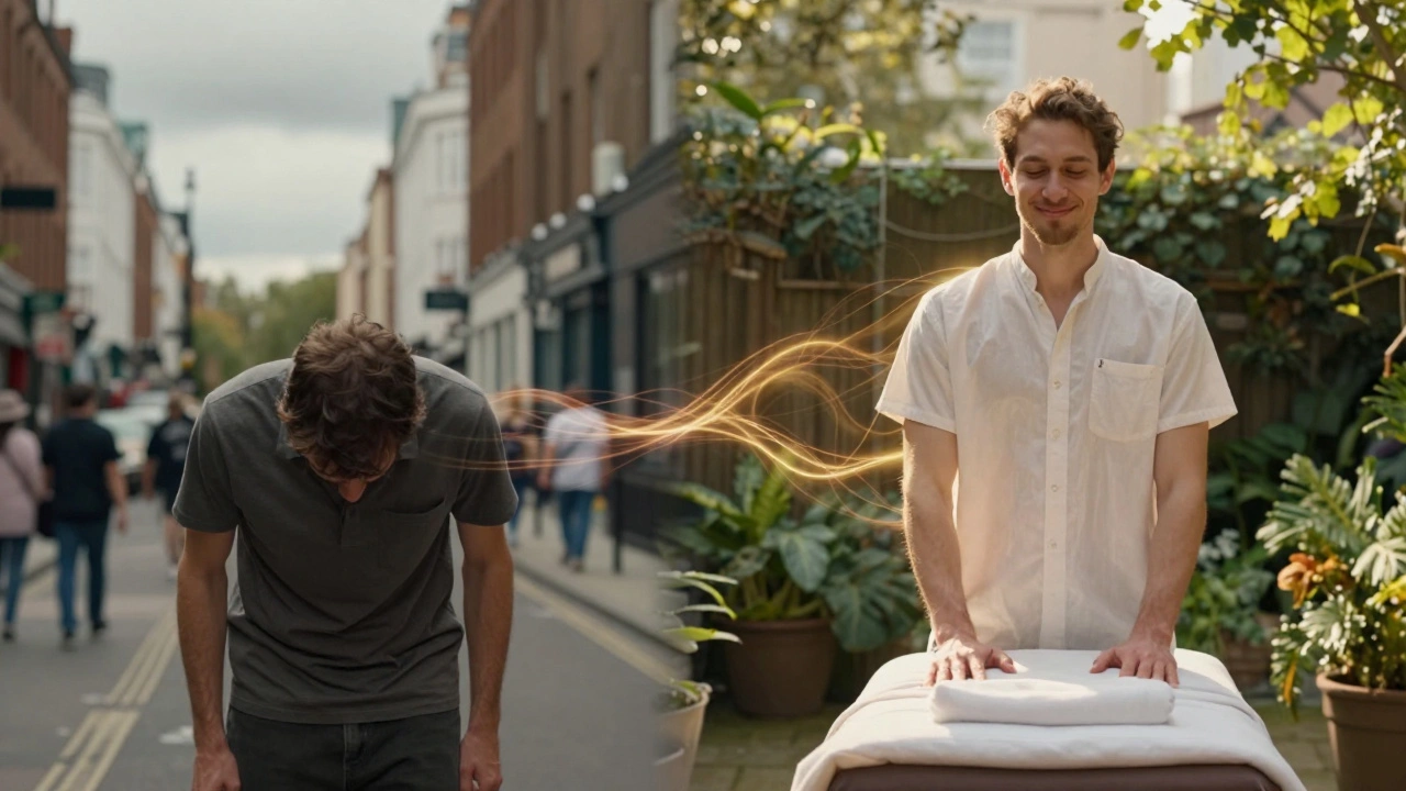 Before and after: a tense person in a crowded city contrasts with the same person standing tall and relaxed in sunlight.