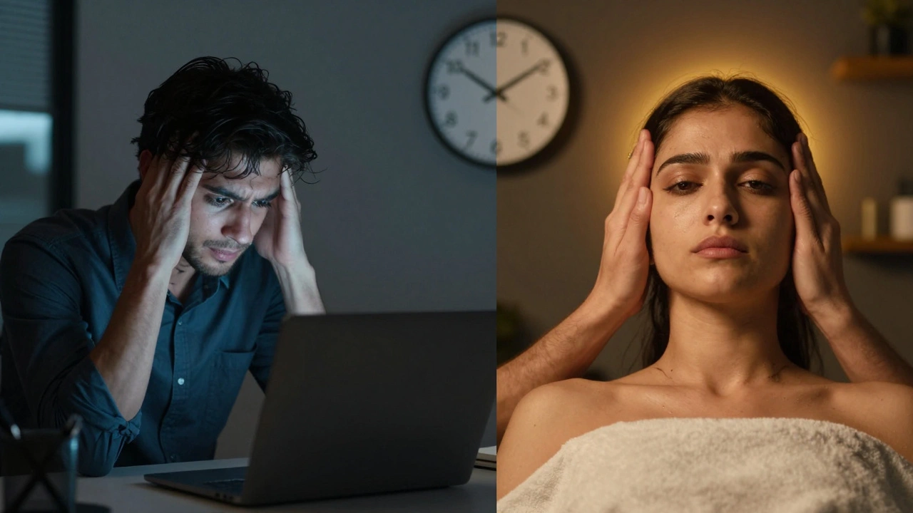 Before and after comparison: a stressed worker transformed into a calm, centered individual after an Indian head massage.
