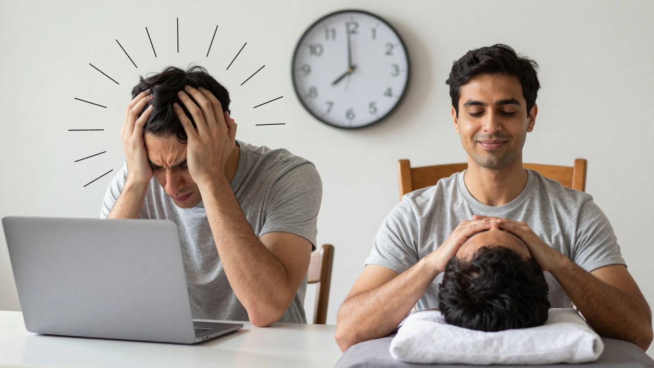 Before and after contrast of stress relief from Indian head massage in London.