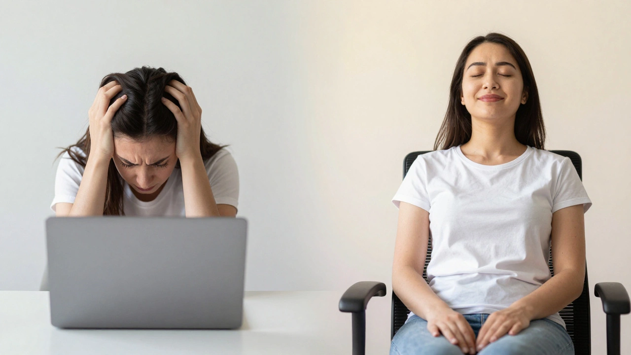 Before and after: tense person at desk vs. relaxed person post-massage, eyes closed in peace.