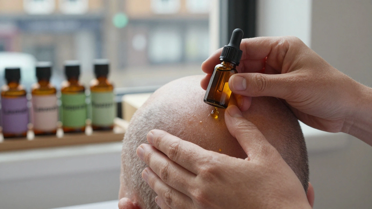 Close-up of hands massaging the neck with lavender and peppermint oil, glass essential oil bottles visible in the background.