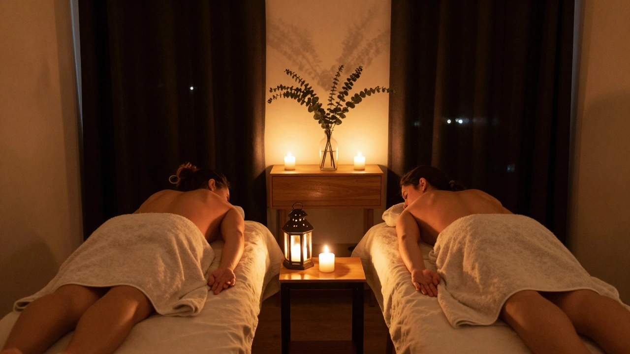 Couples enjoying side-by-side massages in a candlelit room with warm, calming ambiance.