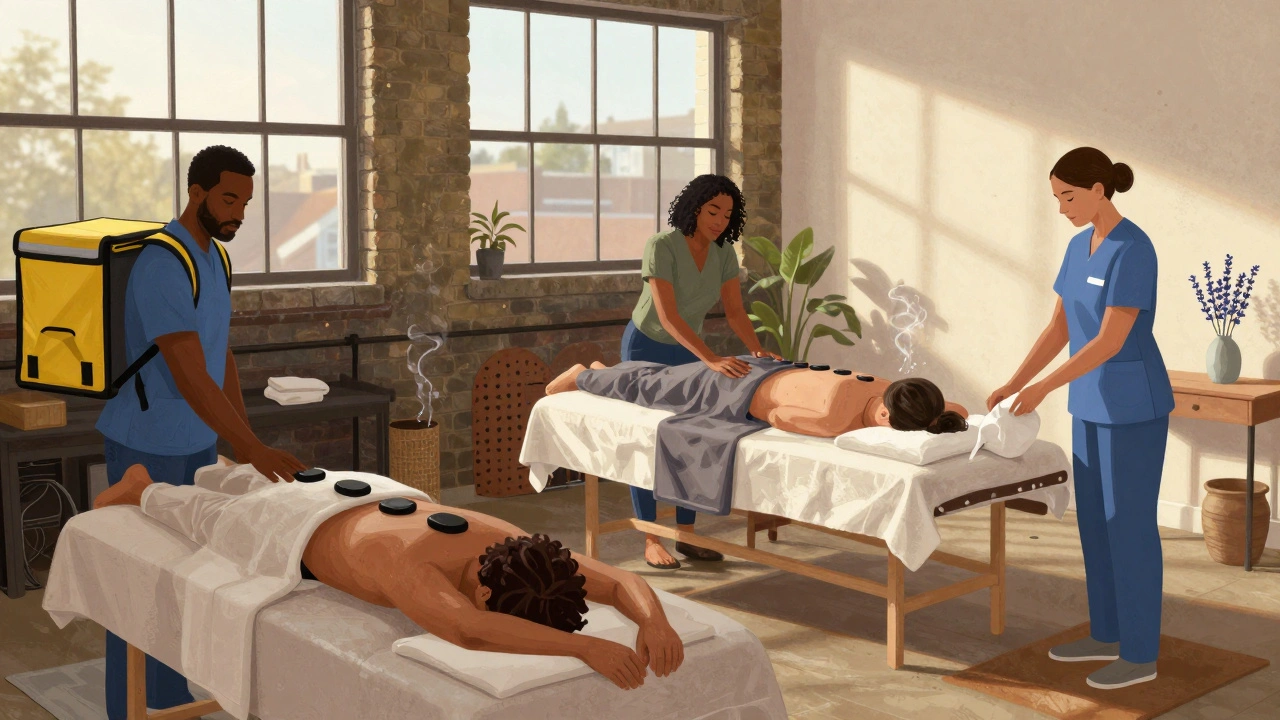 Diverse East London residents receiving different types of massage — hot stones, outcall, and Thai therapy — in quiet, everyday settings.
