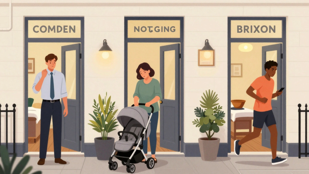 Diverse Londoners entering neighborhood massage studios, leaving daily stress behind.