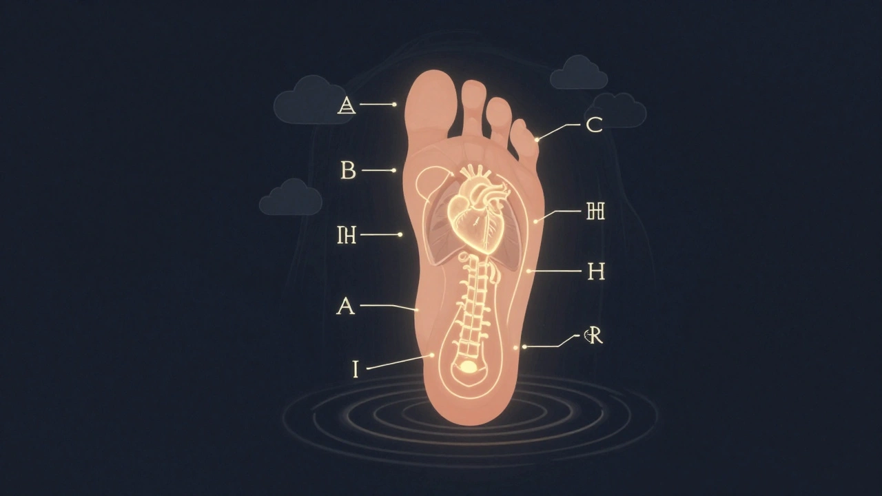 Foot illustrated as a body map with glowing connections to internal organs.