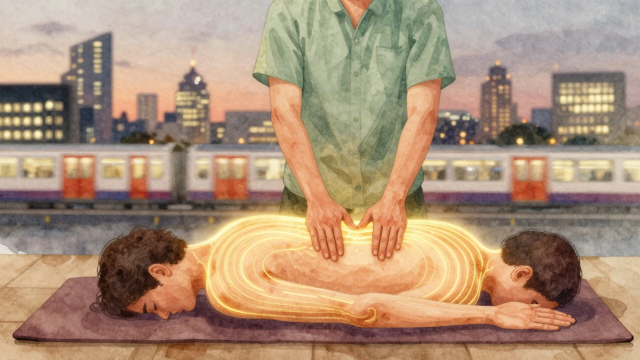 Golden energy lines flowing along a body during Thai massage, with a blurred London cityscape in the background.