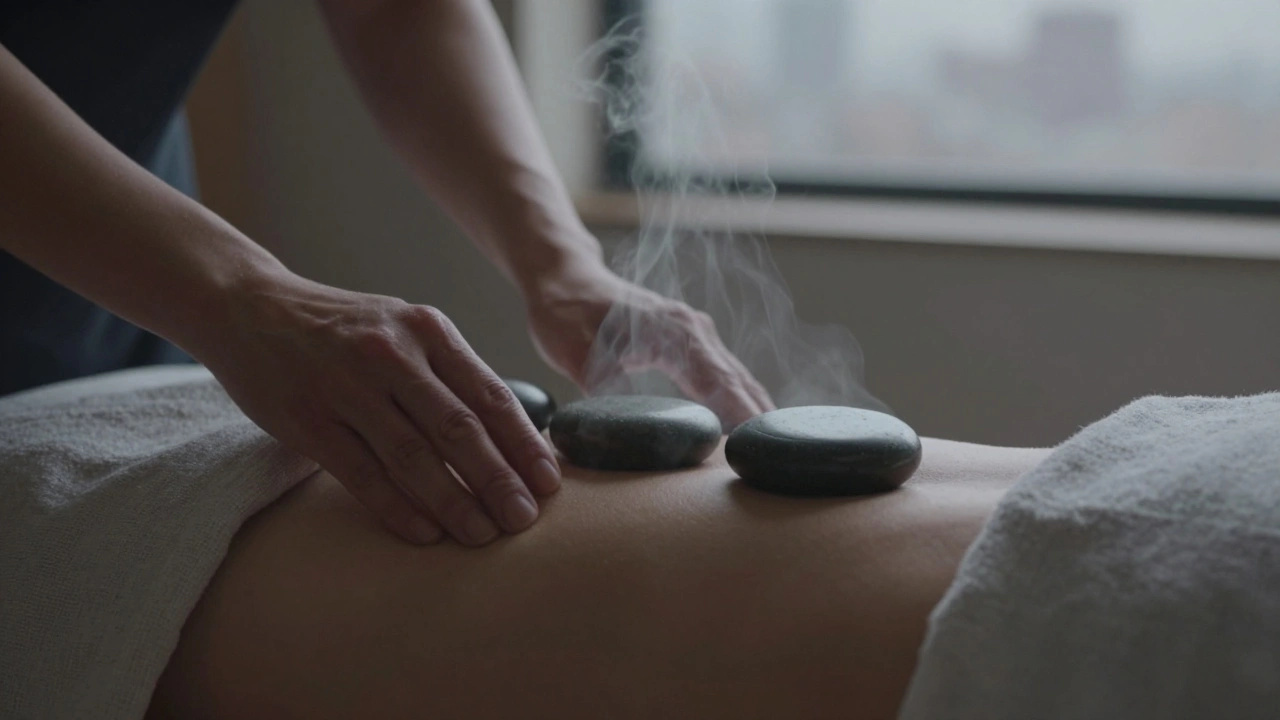 Heated stones gently placed along a spine during a therapeutic massage, with ambient warmth and mist.