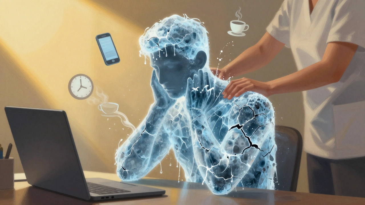 Human silhouette covered in cracking ice, melting into water as golden light heals the body.