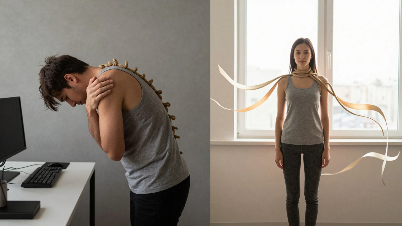 Metaphorical image of tension transforming into freedom, showing a person releasing tightness in their posture.